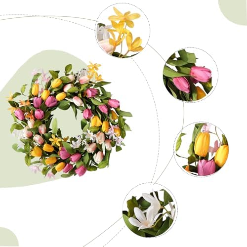 22" Tulip Wreath Spring/Summer Wreaths Artificial Floral Wreaths for Front Door Yellow Pink Tulip Easter Wreath for Indoor Outdoor Home Holiday Party Wedding Decor - Image 2