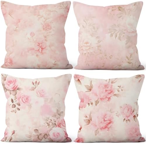 Pink Flower Throw Pillow Covers 22''x22'' Set of 4, Decorative Floral Cushion Covers Vintage Printed Botanical Pillowcases for Couch Sofa Bedroom Farmhouse Livingroom Garden Patio Car by VieSavaran