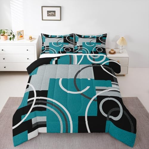 Modern Turquoise Decor Comforter Full Geometric Circles Gird Bedding Set For Boys Girls Kids Teens Adult Black Grey Down Comforter Stripe Swirls Duvet Set Modern Graphic Texture Quilted Comforter by Erosebridal
