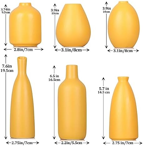 Yellow Ceramic Bud Vases Set of 6, Mini Vases for Farmhouse Mantel, Shelf & Fireplace, Home Accents for Living Room, Entryway, Bathroom, Kitchen, Office, Bulk Table Decor - Image 2