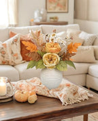 Artificial Fall Floral Centerpiece with Vase, Fake Flowers for Autumn Table Decorations, Silk Rose & Maple Leaves Arrangement, Rustic Cement Vase Harvest Decor for Dining Table, Kitchen, Living Room - Image 4