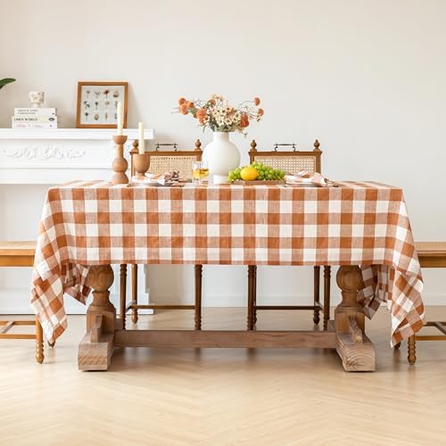 Linen World Gingham Tablecloth – Buffalo Plaid Linen Tablecloth 90" x 60" Inch,100% French Flax Table Cloth for Dining Table,Weddings,Thanksgiving & Christmas Decor,Rust Checkered - Image 2