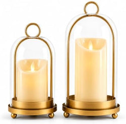 Hurricane Glass Candle Holders, 5"&4" Gold Candle lantern Holders (Include Led Pillar Candles) Hurricane Candle Holder for Adding Vintage Elegance to Home Decor Dining Tables Mantels by HMAZAE