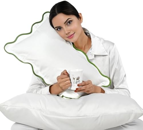 Ridhi White with Green Scalloped 100% Cotton Throw Pillow Covers 12x20 Inch by Ridhi