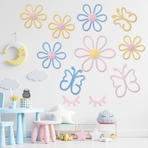 Wesiti 9 Pcs Boho Nursery Decor 3 Size Daisy Flower and Butterflies Woven Macrame Wall Hanging for Home Nursery Bedroom Dorm Wall Art(Classic Color) - Image 5