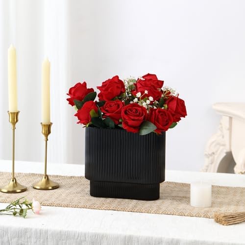 Ribbed Vase, Black Glass Vase for Flowers, Black Flower Vases for Tulips, Modern Vases for Living Room, Dining Table, Office, Bedroom, Mantle, Shelf, Wedding, 7 Inch - Image 4