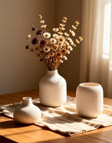 White Ceramic Vases for Decor, 3 Set Small Modern Minimalist Ribbed Vases Decorative for Table Shelf Decor Bookshelf Decoration Vase - Image 2