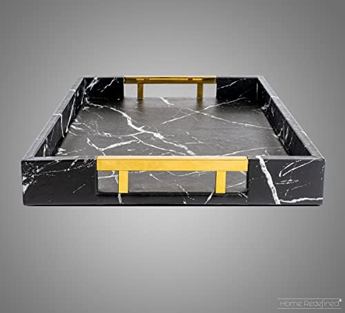 Home Redefined Modern Elegant 17.5"x12" Rectangle Black Marble Faux Leather Decorative Tray Ottoman Coffee Table Perfume Living Room Kitchen Serving Tray with Gold Polished Handles for All Occasion's - Image 4
