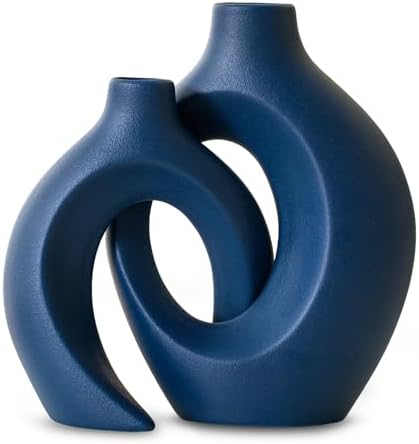 Levvohd Snuggle Hollow Ceramic Vase Set of 2, 8.4 inch Modern Nordic Coastal Shaped Pampas Grass Aesthetic Decorative Table Vases for Home Decor (Matte Navy Blue - M) by 100hand-madeworks