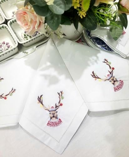 Embroidered Cloth Napkin Deer Christmas Cotton Napkins Set of 6, 20x20 Hemstitch Table Napkins Machine Washable, Daily & Christmas, Great Present Ideas - Image 2