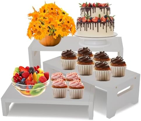 MRPAPA 3 Tier Cupcake Stand & Wood Display Risers,for Food Desserts Stand Perfume Organizer Funko POP Collections, Display Stand for Organizer and Decoration (White-Display Riser) by MRPAPAMakeLifemoreEasy