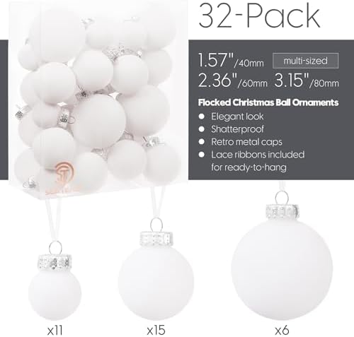 Sea Team 32-Pack Flocked Velvet Christmas Ball Ornaments, White - Image 3