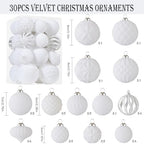 30pcs Velvet Christmas Ball Ornaments, Flocked Shatterproof Christmas Ornaments Hanging Xmas Tree Decorations Set for Home Party Holiday Decor (Multi-Size, White) - Image 2