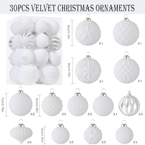30pcs Velvet Christmas Ball Ornaments, Flocked Shatterproof Christmas Ornaments Hanging Xmas Tree Decorations Set for Home Party Holiday Decor (Multi-Size, White) - Image 2