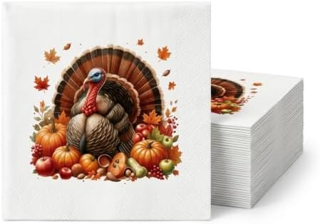 Fall Turkey Cocktail Napkin Printed Airlaid Linen-Feel Disposable Hand Towels for Thanksgiving Fall Holiday Party Buffet & Dinner(80Pack) by Unknown