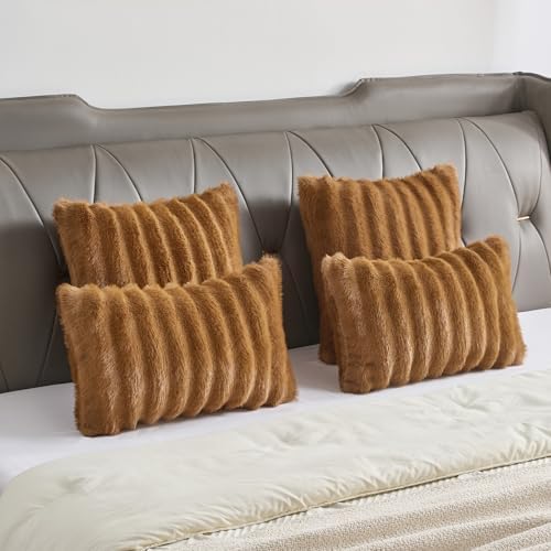 FUTEI Pack of 2 Faux Mink Fur Throw Pillow Covers 24x24 Inch, Camel - Image 6