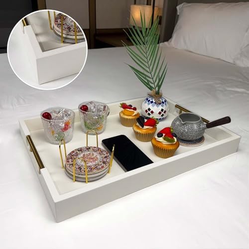 14x20 Inches White Faux Leather Wrapped Wood Serving Tray with Metal Handles for Various Occasions, Ottoman, Home Decor Decorative, Living Room, Coffee Table Organizer, Serving Breakfast On Bed - Image 4