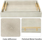 SwallowLiving Set of 2 Shagreen Serving Tray with Gold Polished Metal Handles Ivory Wood Decorative Tray PU Leather with Brushed Gold for Coffee Table Ottoman Console Table - Image 5