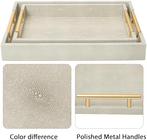 SwallowLiving Set of 2 Shagreen Serving Tray with Gold Polished Metal Handles Ivory Wood Decorative Tray PU Leather with Brushed Gold for Coffee Table Ottoman Console Table - Image 5