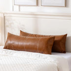 Fancy Homi Brown Boho Long Lumbar Faux Leather Body Decorative Throw Pillow Cover 21x54 Inch for Bedroom Couch Bed Sofa Bench, Hand Stitched Stylish Pillowcase, Rustic Modern Farmhouse Room Decor - Image 5