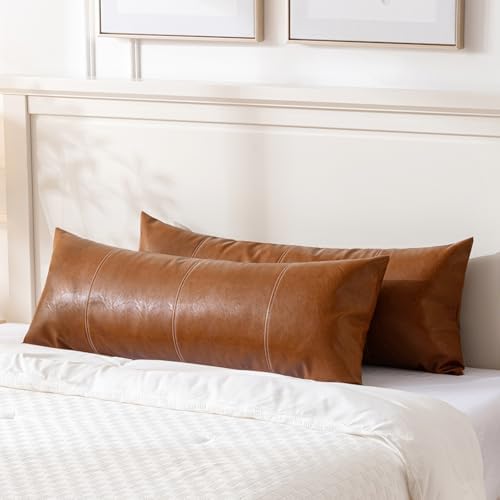 Fancy Homi Brown Boho Long Lumbar Faux Leather Body Decorative Throw Pillow Cover 14x36 Inch for Bedroom Couch Bed Sofa Bench, Hand Stitched Stylish Pillowcase, Rustic Modern Farmhouse Room Decor - Image 5