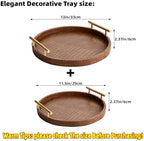 Modern Decorative Serving Tray, Set of 2 Modern Crocodile Leather Round Trays with Polished Metal Handles, Decorative Trays Coffee Table Tray Ottoman Platter for Home Decor (Brown) - Image 2