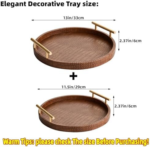Modern Decorative Serving Tray, Set of 2 Modern Crocodile Leather Round Trays with Polished Metal Handles, Decorative Trays Coffee Table Tray Ottoman Platter for Home Decor (Brown) - Image 2