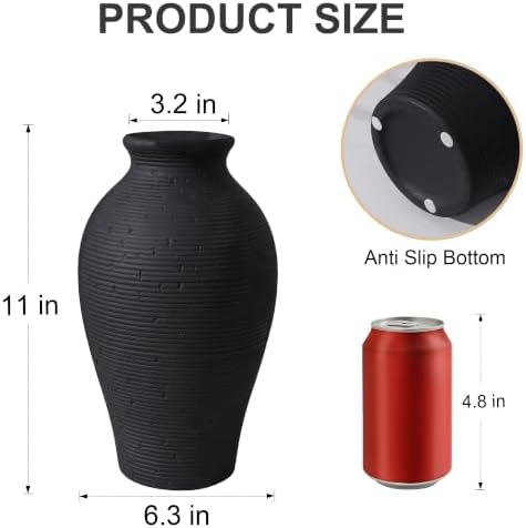 Ceramic Flower Vase Home Decor, 11 in Farmhouse Table Black Vases Rustic Vintage Living Room Kitchen Bedroom Decorations Pottery Decorative Vases for House Shelf Office Coffee Desk Dining Fireplace - Image 5