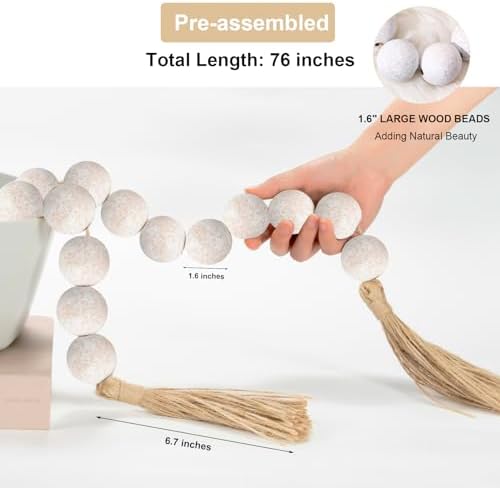 OMISHE 76" Long Extra Large Wood Bead Garland with 1.6" Diameter Wooden Beads and Tassels, Rustic Farmhouse Country Decorative Beads for Home Tiered Tray Decor, Rustic White - Image 4