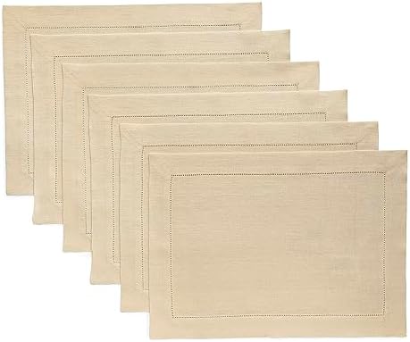 Solino Home 100% Pure Linen Placemats Beige Hemstitch, 14 x 19 in, Set of 6 by SolinoHome