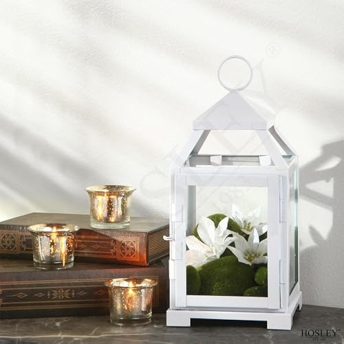 Hosley Set of 2 Clear Glass and Iron White Color Farmhouse Classic Style Lantern 12 Inch High Ideal Gift for Weddings Bridals Special Occasions Parties Aromatherapy and Spa Settings O4 - Image 3