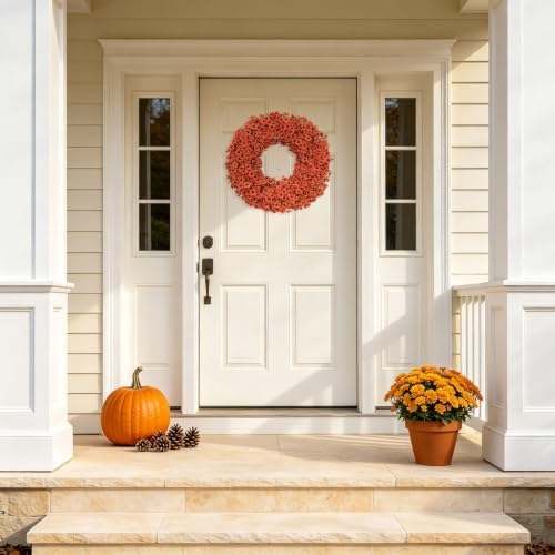 24" Orange Fall Wreath for Front Door, Artificial Mums Autumn Wreath - Image 7