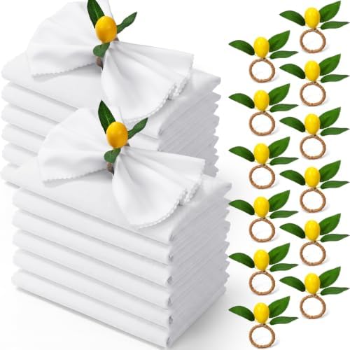 Preboun 24 Pcs White Cloth Napkins 19"x19" with Lemon Napkin Rings by Preboun