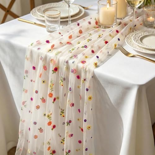 White Floral Table Runner ,4Pack 10ft Embroidered Flower Tulle for Wedding Reception, Boho Wildflower Daisy Table Decor for Spring Party - Image 7