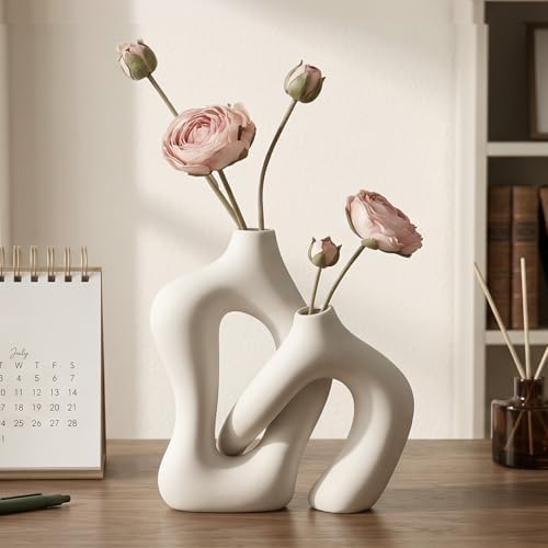 Dowan White Vases for Decor,Hollow Ceramic Vase Set of 2,8.3" Nordic Modern Boho ins Style Decorative Ceramic Aesthetic Flower Vase for Home Decor Modern Minimalist Table, Entryway Centerpieces - Image 6