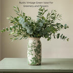 Vintage Green Floral Ceramic Vase, 8 Inch Crackle Glaze Rustic Handmade Vase, Decorative Pottery for Fresh or Dried Flowers, Farmhouse Cottage Modern Rustic Decor - Image 3