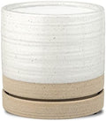 HERDUK 6 Inch Plant Pots, Ceramic Planter Pot with Drainage Hole & Saucer, Indoor/Outdoor Cylinder Round Planter Pot, White & Beige Glaze by Herduk
