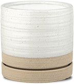 HERDUK 6 Inch Plant Pots, Ceramic Planter Pot with Drainage Hole & Saucer, Indoor/Outdoor Cylinder Round Planter Pot, White & Beige Glaze by Herduk