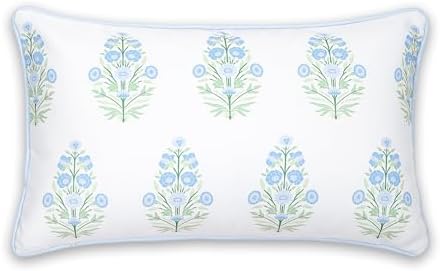 Hofdeco Premium Coastal Patio Indoor Outdoor Lumbar Pillow Cover Only, 12"x20" Water Repellent for Backyard, Couch, Baby Blue Green Floral with Piping - Image 6