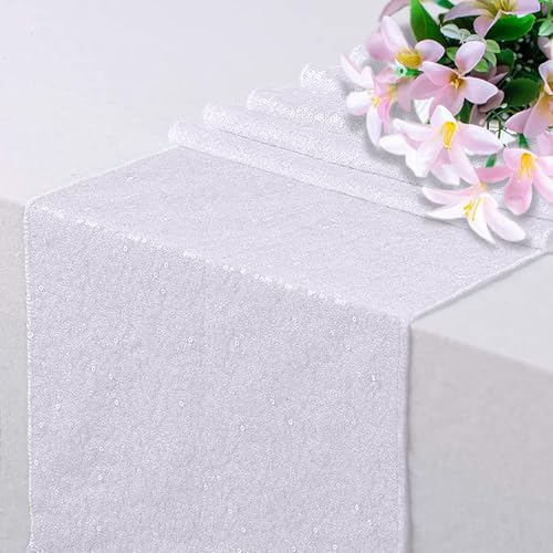 White Sequin Table Runner 6 Pack, 12''x72 Glitter Table Runner by WISPET