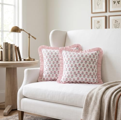 Set of 2 Pillow Covers with Ruffles 20x20 inch Floral Pillow Covers Pink Farmhouse Pillow Covers for Girls Room Nursery Couch Throw Pillow Covers Boho Home Decorative Pillow for Spring - Image 4