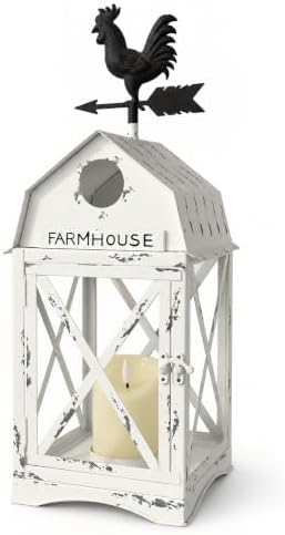 Farmhouse Decorative Lantern with Rooster Top, White Metal Candle Holder by Yielycan
