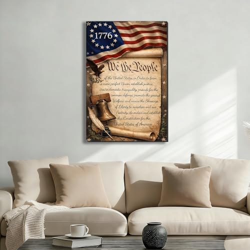 Ship Next Day - USA Flag and Constitution Canvas Wall Decor, Framed American Patriotic Art Print with Liberty Bell and Quill, Rustic Farmhouse Americana Painting, Made in USA - Image 2