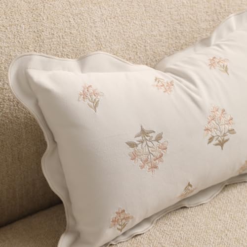 BlissBlush Long Lumbar Pillow Cover 14x36 for Bed, Cream White Velvet Decorative Lumbar Pillow Cover, Floral Accent Cushion Cover with Embroidery and Scalloped Edge for Couch Sofa Bed, Cover ONLY - Image 7