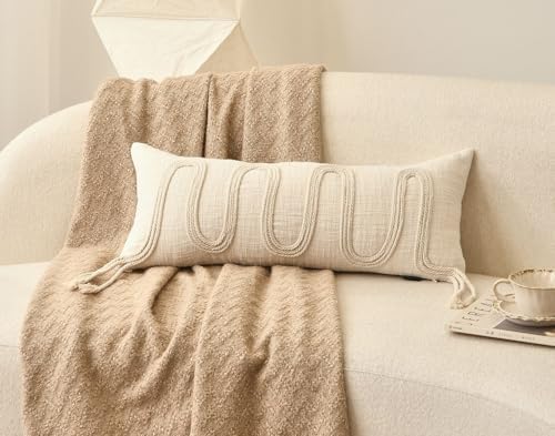 Beige Decorative Lumbar Pillow Cover 12x28, Handwoven Boho Long Body Pillowcase, Farmhouse Linen Cotton Pillow Cushion Case for Sofa, Bed, Living Room, Bedroom - Image 2