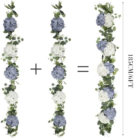 Artificial Hydrangea Flower Garland with Eucalyptus & Baby’s Breath 2PCS 6FT Floral Vines Greenery Garland for Mantel Wedding Arch Table Centerpiece Coastal Home Outdoor Decor (2, Dusty Blue & White) - Image 3