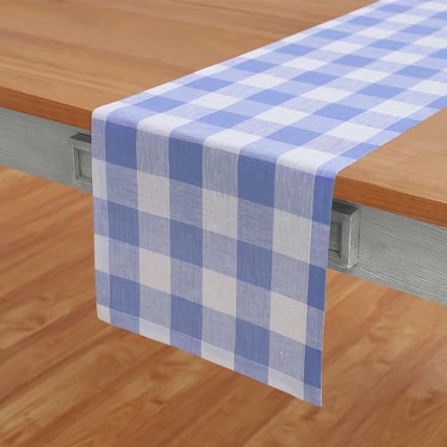 Solino Home 100% Pure Linen Table Runner Blue, Buffalo Check 14 x 120 in - Image 2