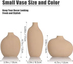 Small Tan Brown Ceramic Vase Set of 3,Bulk Mini Bud Vases for Flowers and Pampas Grass,Cute Boho Ellipse Home Decor for Coffee Table Centerpieces,Living Room,Office,Bookshelf,Entryway Decor - Image 2
