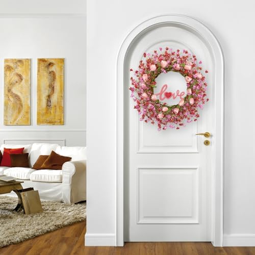 LLZLL Valentines Day Wreath Decor, 22inch Artificial Pink Wreath with Tulip Berry Green Leaf Element, Valentines Wreaths for Front Door Wedding Anniversary Party Candlelight Dinner Decorations - Image 2