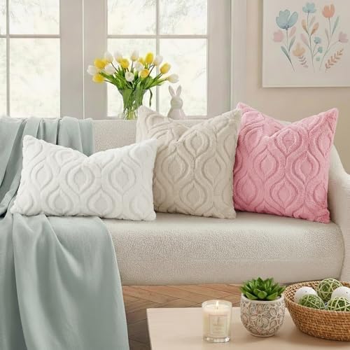 decorUhome Faux Fur Plush Soft Beige Throw Pillow Covers 24x24 Set of 2 - Image 3